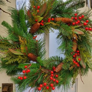 christmas-wreath-8-bells-pine-cones-evergreen-artificial-holly-days-nursery-garden-center-landscaping
